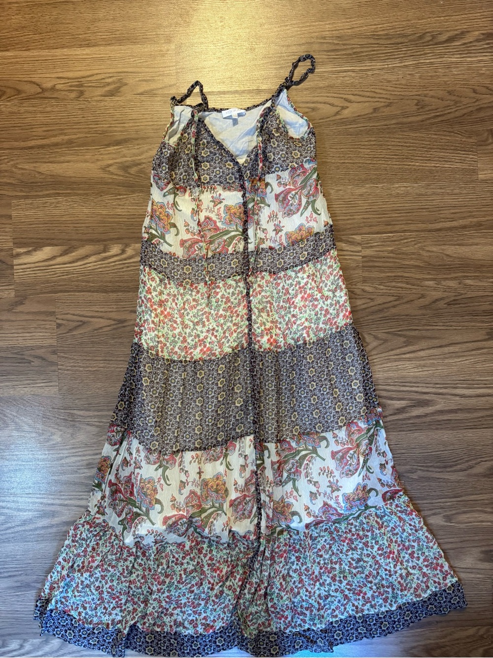 Kookai Multi‑Print Tiered Maxi Dress in Cream, Navy & Red